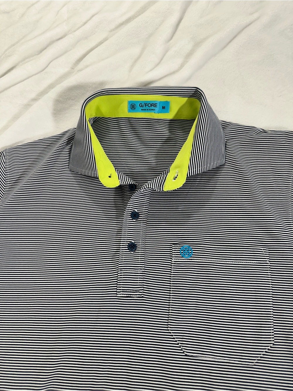 G/FORE Men’s Navy Stripe Polo with Neon Yellow Trim size Medium
